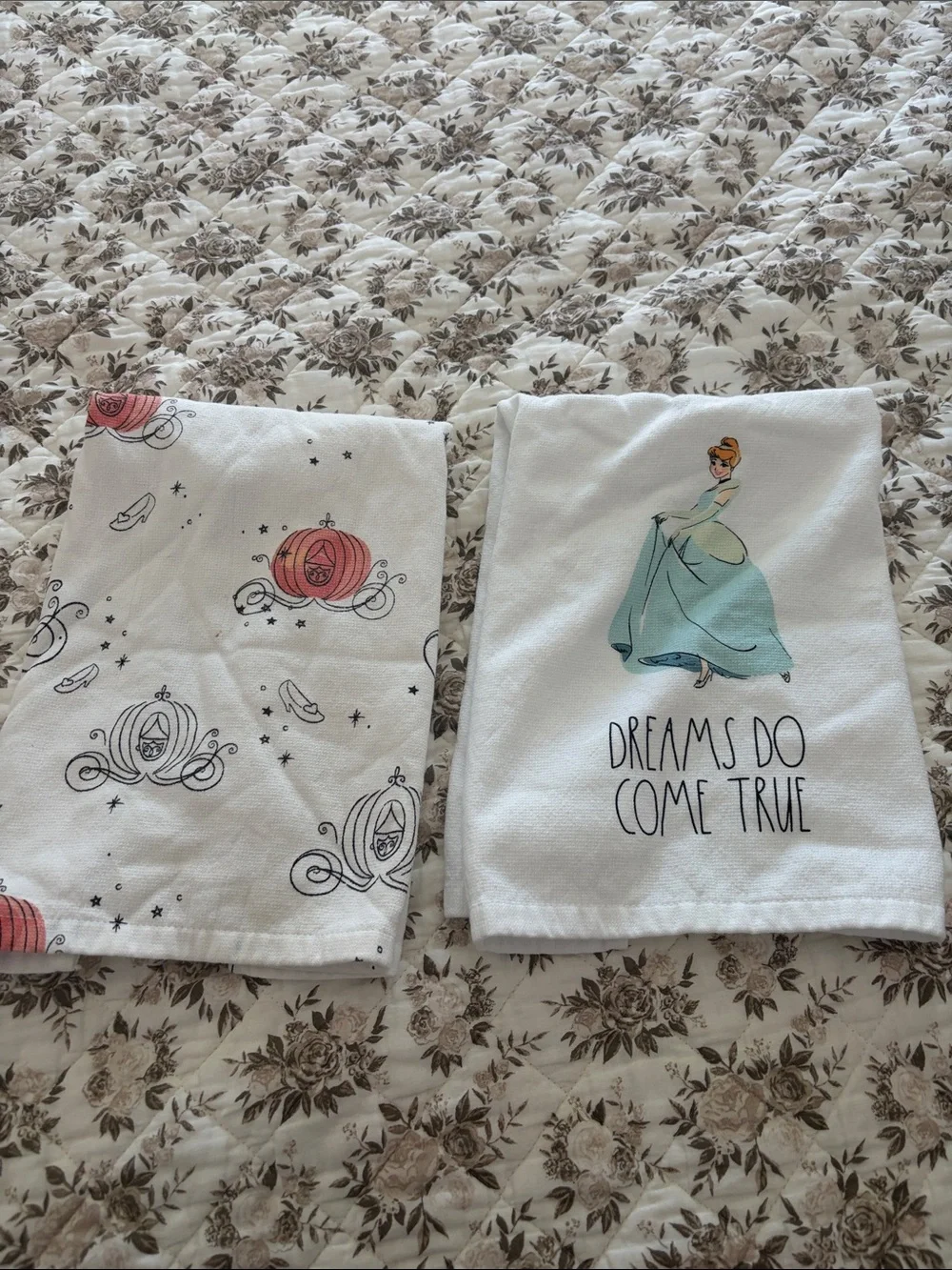 RAE DUNN Cinderella Printed Kitchen Towels - White with Pastel Blue & Pink